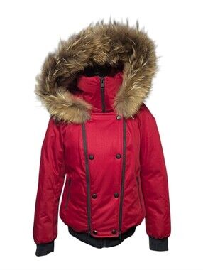 Soia & Kyo Down Red Winter Bomber Parka Coat Jacket Fur Trimmed Hood